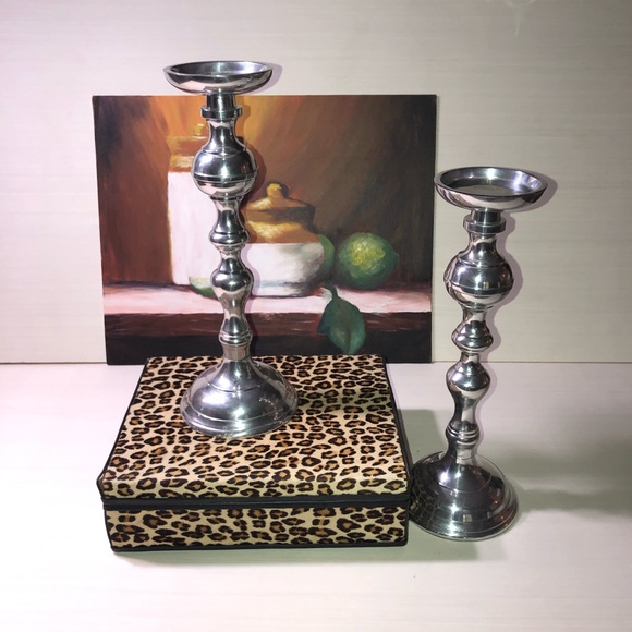 2 Pottery Barn Gemma Silver Pillar Candle Holders